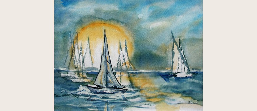Segelboote vor untergehender Sonne